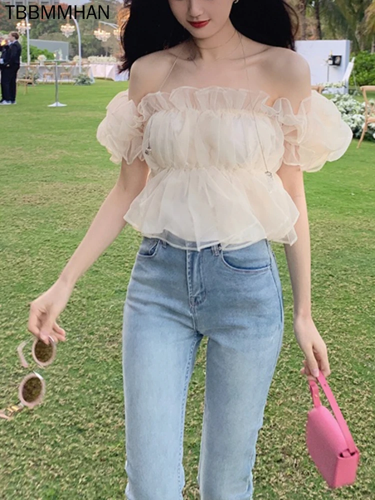 

Summer Sweet Crop Tops Women Pure Color Puff Sleeve Sexy Chiffon Blouse Female Korean Style Elegant Casual Slim Shirts
