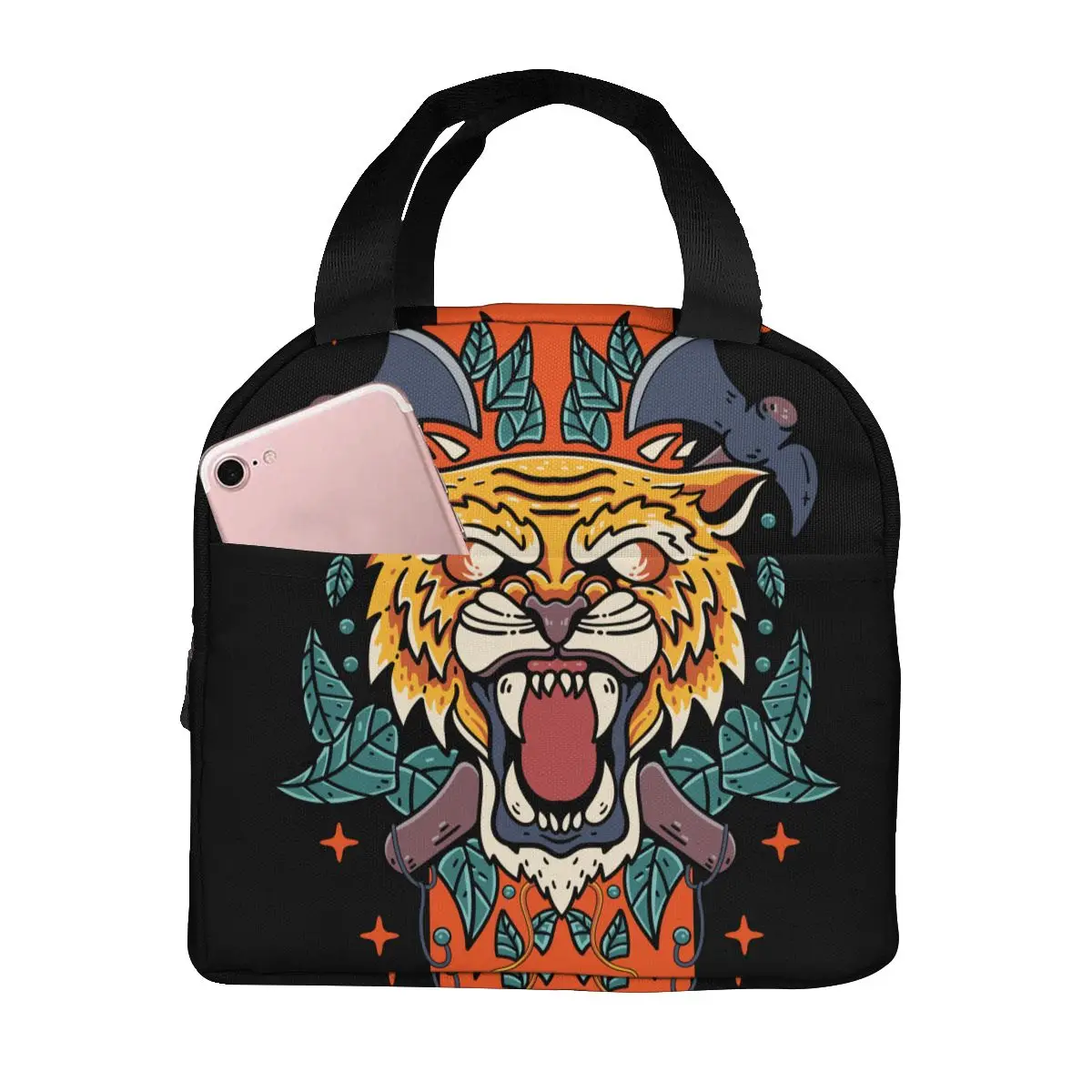 

Ghost Tiger With Skull Lunch Food Box Bag Insulated Thermal Food Picnic Lunch Bag for Women kids Men Cooler Tote Bag