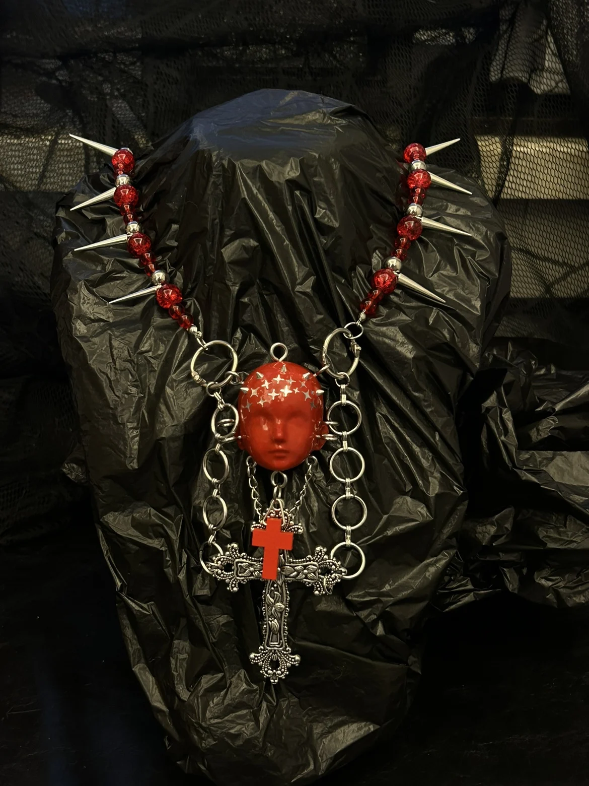 [Cow Toy] Red Blood Colored Glaze Beaded Baby Head Necklace