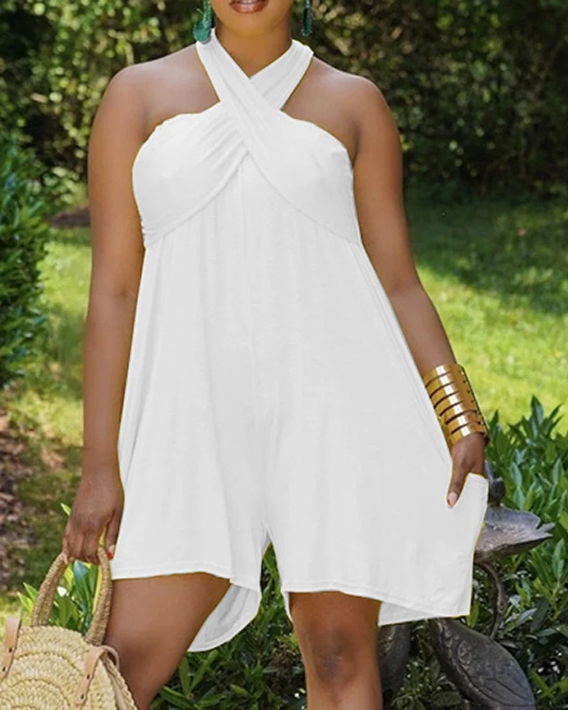 Fashion Women Crisscross Halter Backless Tied Detail Romper 2023 Halter Sleeveless Casual Shorts One Piece Suit Female Ropa New