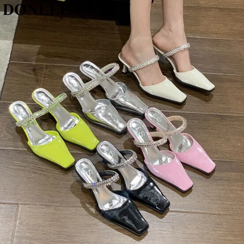 

New Spring Mule Shoes Brand Rhinestone Slippers Ladies Slide High Heel Square Toe Fashion Crystal Pumps Outdoor Flip Flops Mujer