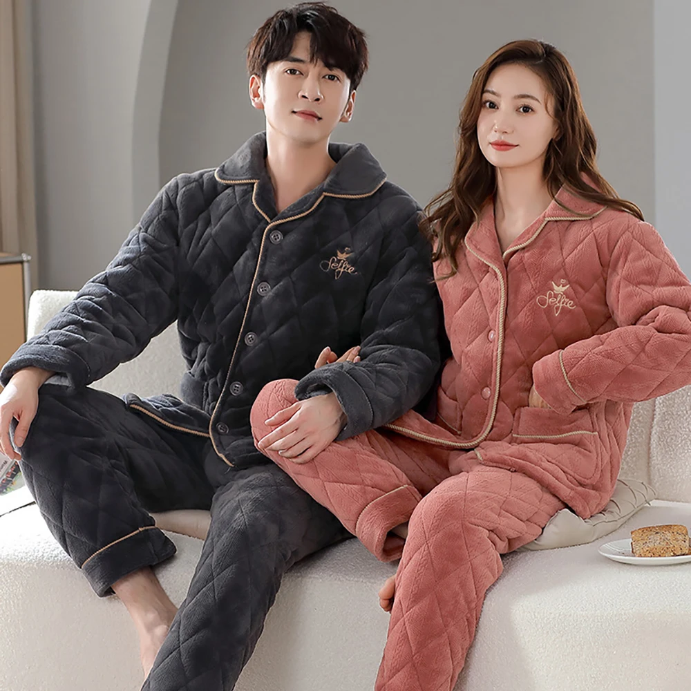 Women's Flannel Pajamas Winter Set 3-layers Thicken Pyjamas for Couples Casual Plaid 2 piece Sets Womens Outfits Night Clothes