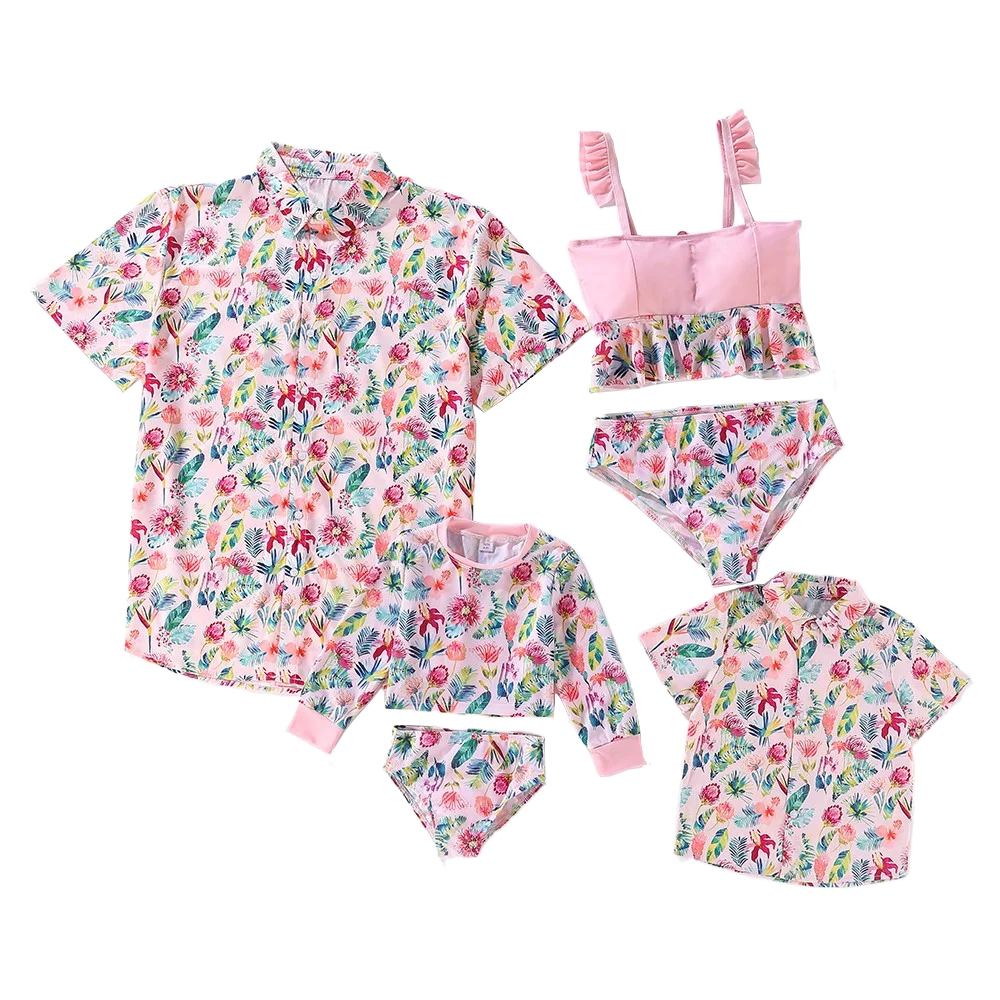 

2023 New Pink Floral Family Matching Swimwear Set Daughter Mother Kids Swimsuits Father Son T Shirt Boys Girls Beach Clothes