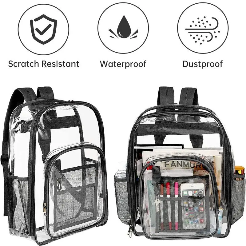 Clear Backpack Heavy Duty Stadium Approved PVC Transparent Backpacks for Kids Adults Clear School Bookbag with Reinforced Strap