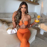halter bra top high waist pants two piece set women fashion 2 pc outfits 2021 summer sexy party hollow out clothes