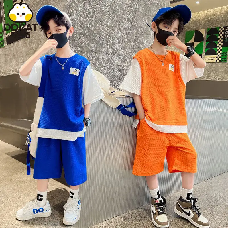 Pokonyan 2022 Kids Boys Suit New Fried Street Two-Piece Summer Fake Two Pieces Short Sleeve Pants