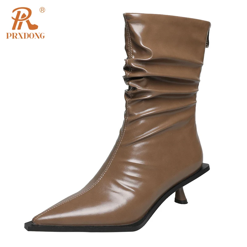 

PRXDONG New Autumn WInter Warm Ankle Boots Top Qulaity High Heels Pointed Toe Black Beige Dress Party Short Boots Big Size 34-40