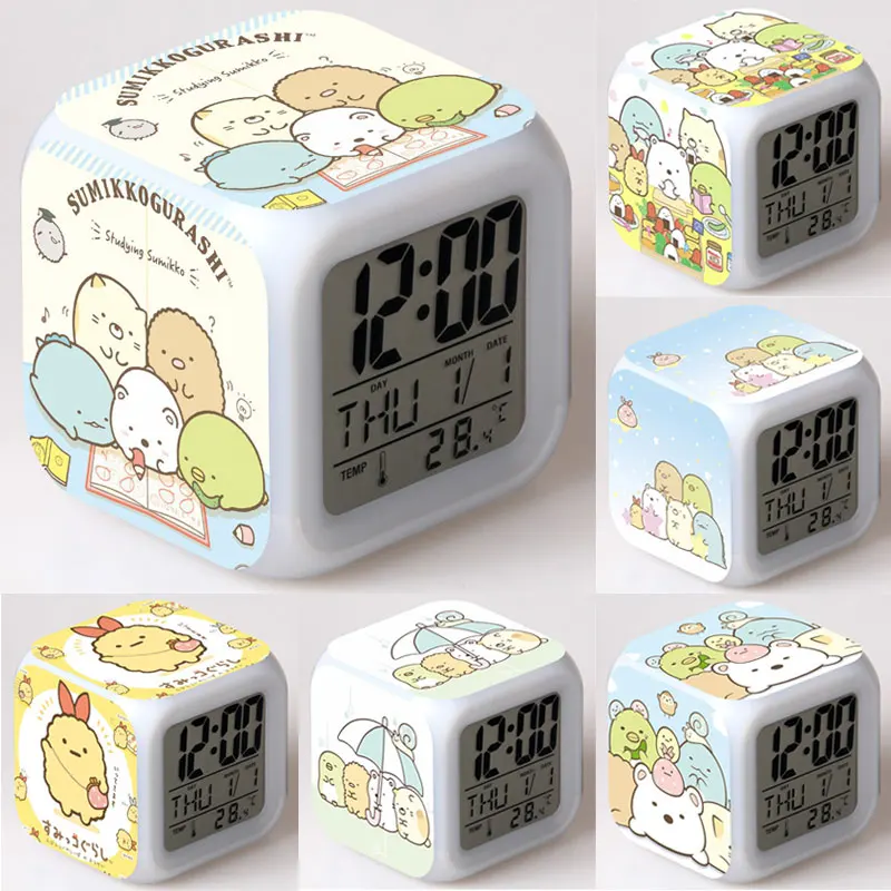

Sumikko Gurashi Alarm Clock Cartoon LED Digital Clock 7 Colors Change Colorful Alarm Clock Date Temperature LED Clock Kids Gift