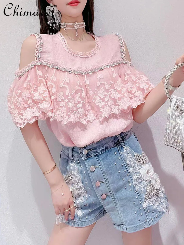 

Fashion Shirt for Women 2022 Summer New Korean Style Sweet Heavy Rhinestone Lace Ruffled Sexy Off-Shoulder Blouse Ladies Top