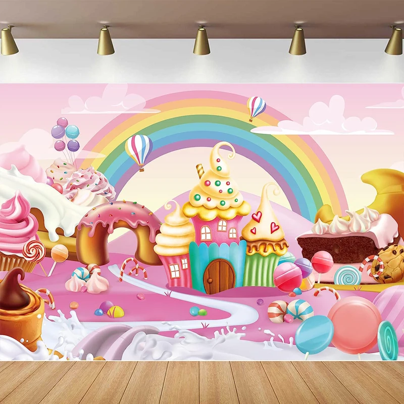 

Photography Backdrop Birthday Party Lollipop Candyland Sweet Donut Cartoon Rainbow Background Party Kids Baby Shower Wall Decor