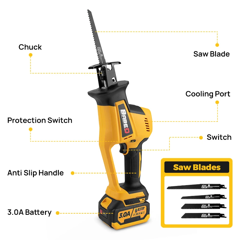 BABEQ 15 мм Бесщеточная сабельная пила Многофункциональная 4 шт. Пильные полотна