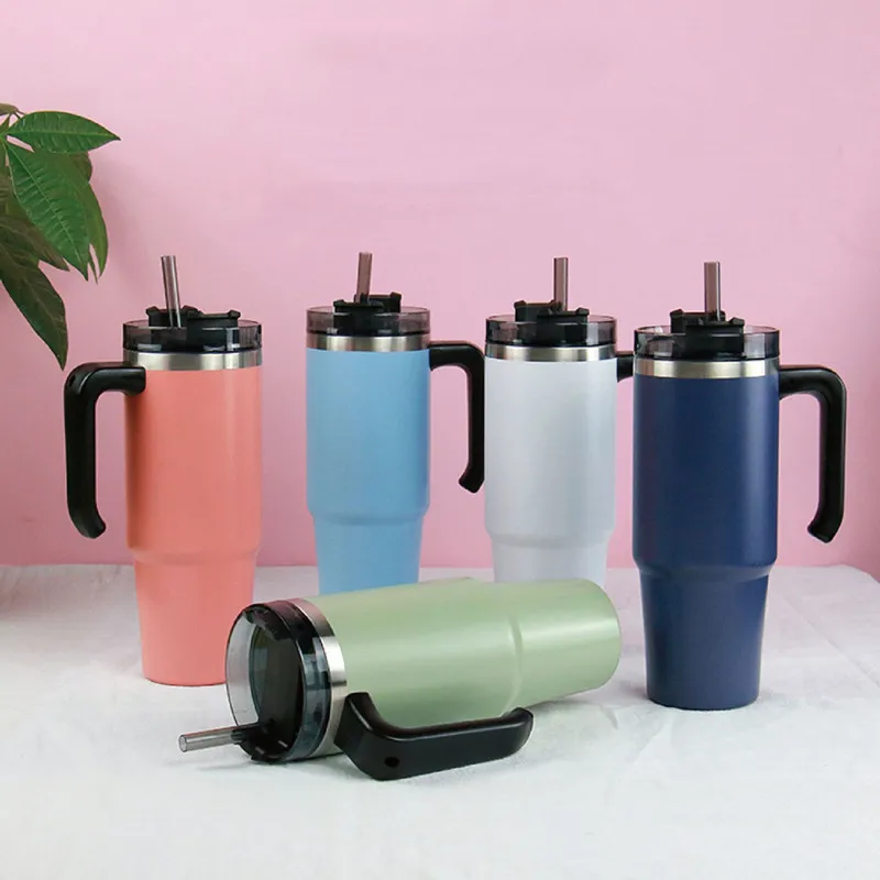 

Water Bottle With Straw and Handgrip Double Layer Stainless Steel Vacuum Thermos Cup Outdoor Sports Portable Travel Bottle