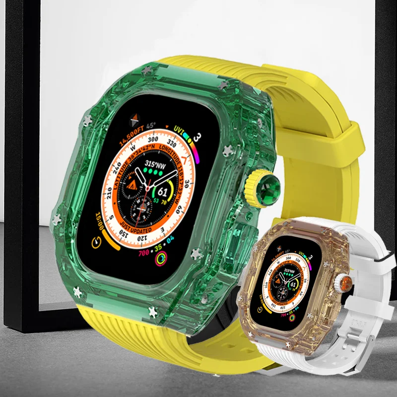 Transparent Mod Kit Case For Apple Watch 49mm 45MM 44MM Rubber Sports Band For iWatch Series Ultra 8 7 6 5 4 SE Silicone Strap