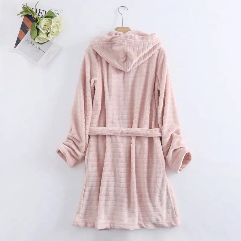 Ladies Nightdress Simple Warm Long Skirt With Hat Fleece Pink Nightgown Leisure Wear Robes