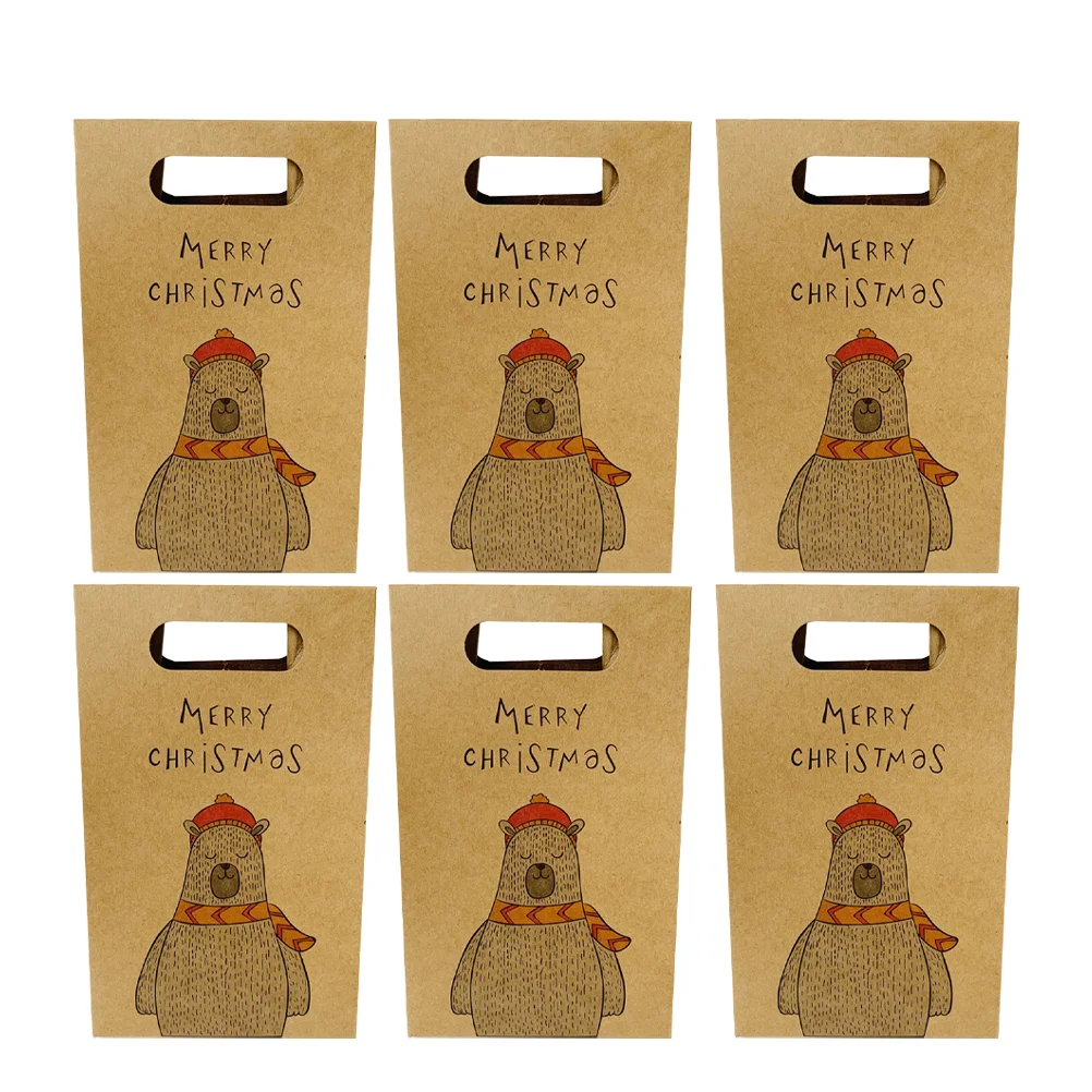 

6pcs Christmas Kraft Paper Bags Xmas Candy Bags Assorted Christmas Prints Holiday Party Paper Bag for Party Favors Shopping