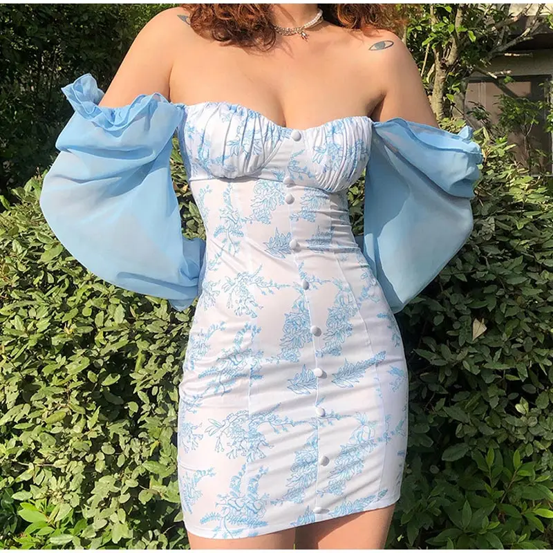 

Print Off The Shoulder Women Mini Dresses 2021 Autumn Buttons Flare Sleeve Skinny Hip Package Ladies Sexy Blue Dress Vestidos