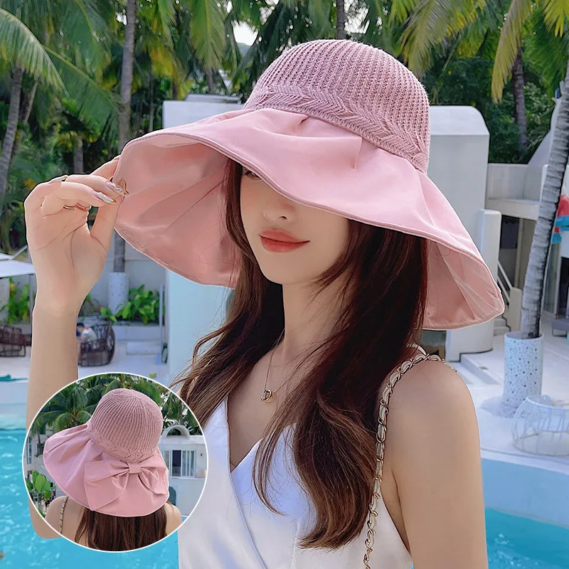 

2022 Summer Big Brim Panama Women Sunscreen Fisherman Hat Ladies Stitching Bow Knitted Bucket Hats Felmale UV Protection Caps