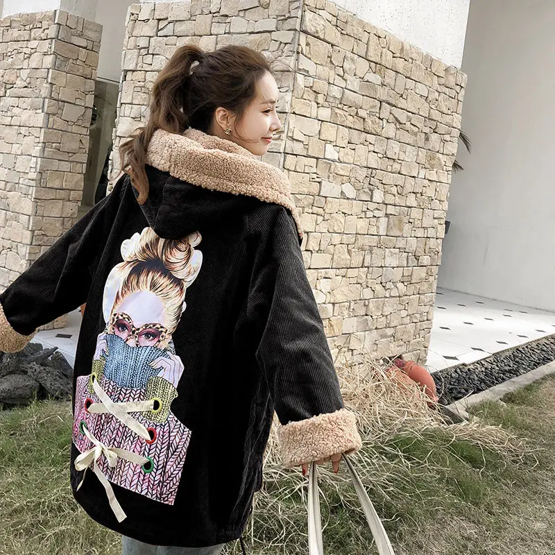

22022 New Arrival Winter Women Loose Casual Long Sleeve Print Coat Warmth Thicken Double Breasted Cotton Corduroy Coats