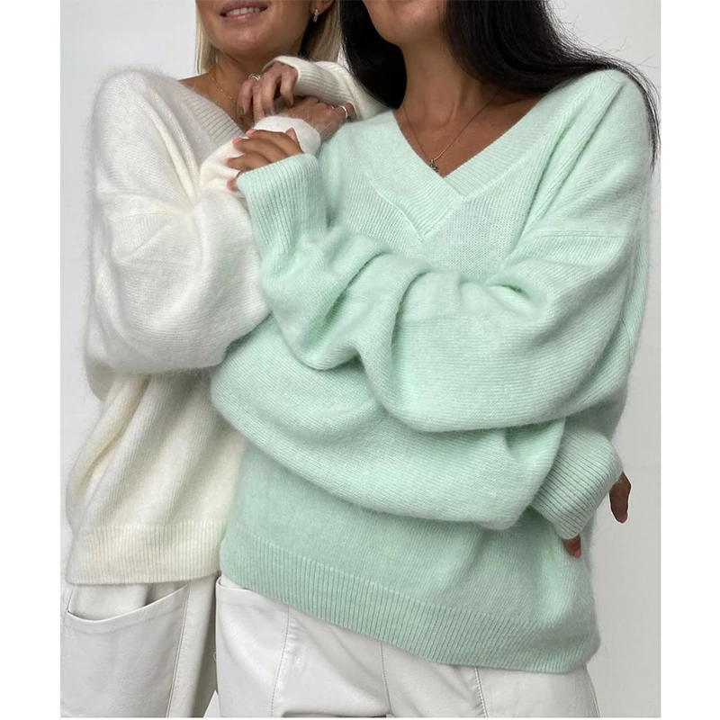 

Мягкий кашемировый свитер для женщин, новинка 2022, повседневные свободные базовые вязаные пуловеры с V-образным вырезом, женский простой дже...