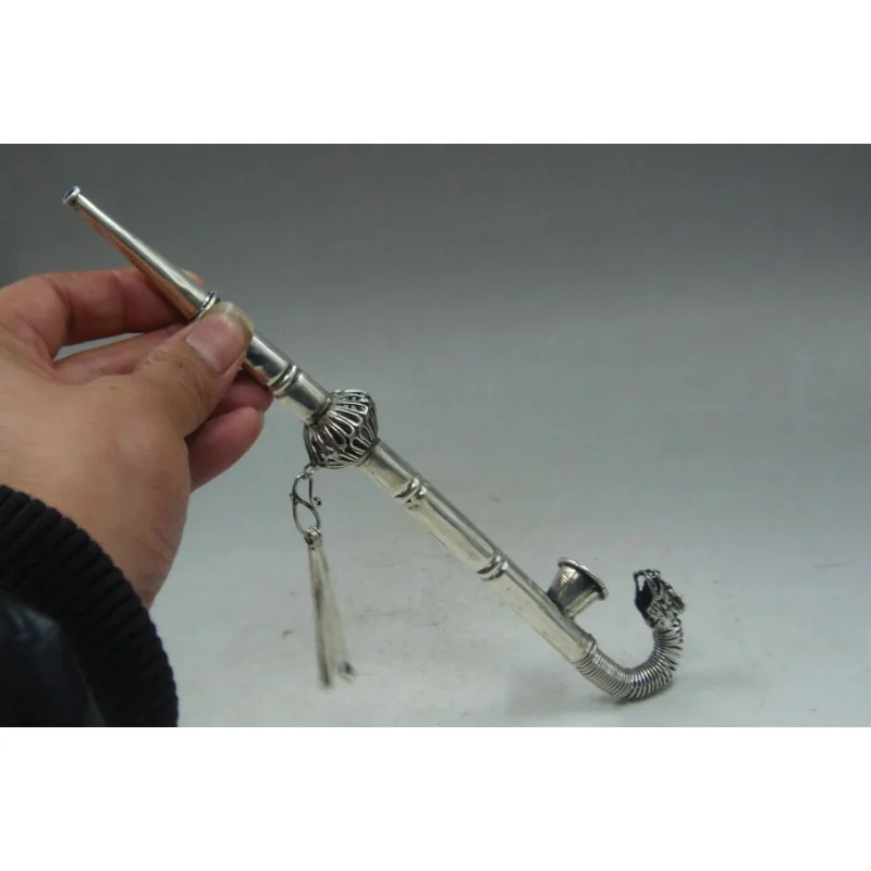 

Chinese Collectible Handwork Old Tibetan Silver Dragon Smoking Tool pipe