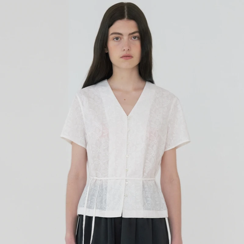 Nothing Written Short sleeve Shirts Women 2023 Summer Design Sense V-neck Lerobe Waist Hugging Shirt