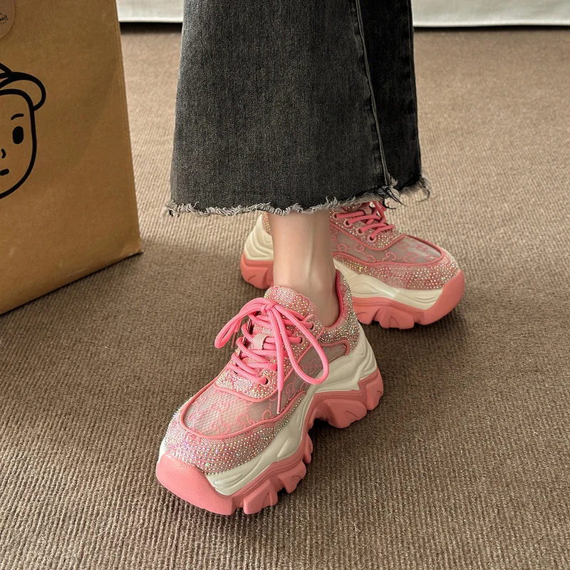 Rhinestone daddy shoes women 2023 summer new platform shoes breathable thick bottom increased pink sports and leisure shoes