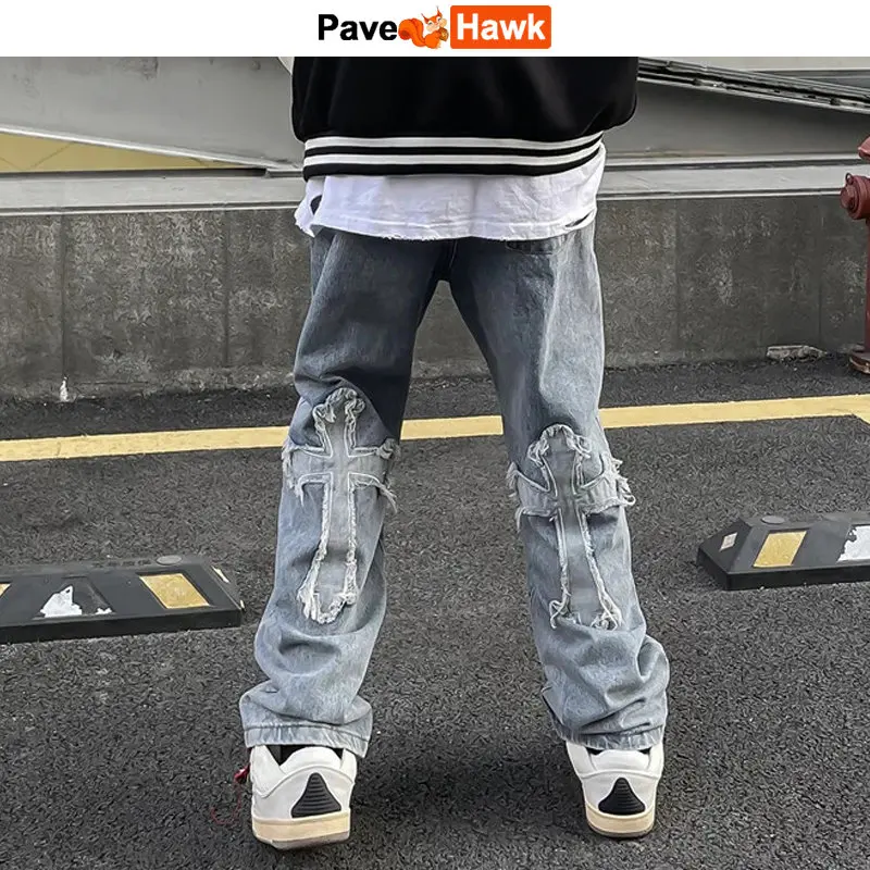 

Прямые мужские джинсы с перекрестными нашивками, повседневные винтажные потертые джинсовые брюки, женские свободные брюки, уличная одежда, мешковатые брюки унисекс, осень 2022