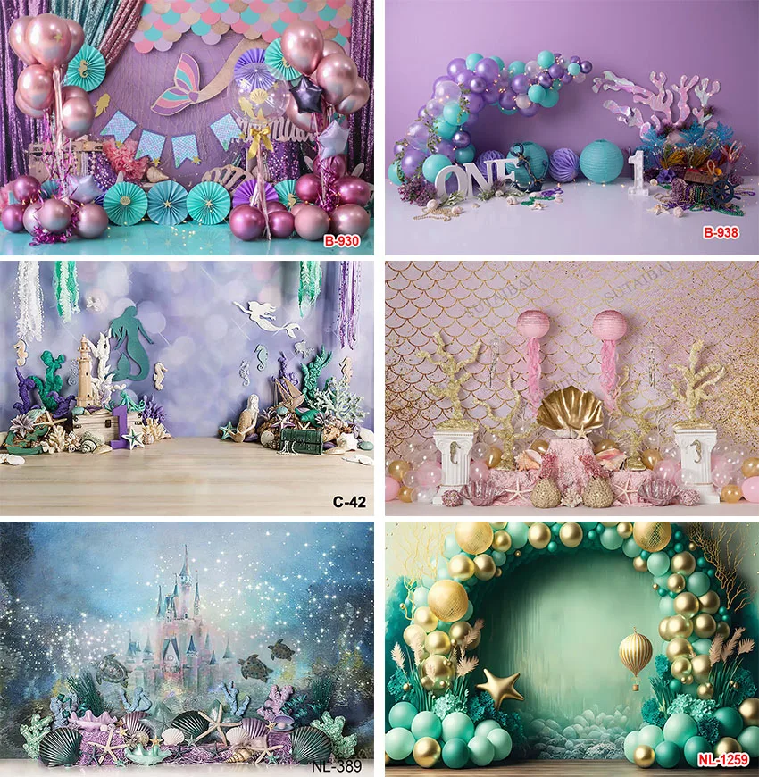 

Mermaid Princess Photocall Photography Background Girl 1st Birthday Decor Glitters Mermaid Tail Balloon Backdrop Photo Studio