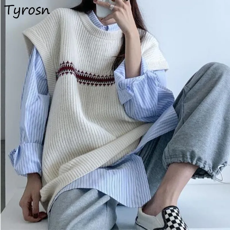 

Shirt Sweater Vest Sets Women Autumn Vintage Design Knitting Fashion Students Tender Simple Preppy All-match Loose Streetwear