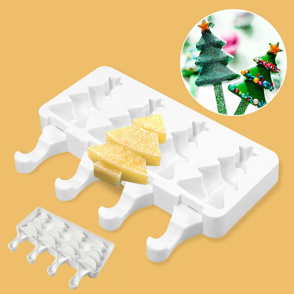 

Ice Pop Mold Food Grade Silicone Popsicle Mold 4-Cavity Christmas Tree Ice Cream Making Mold Reusable DIY Homemade Ice Dessert