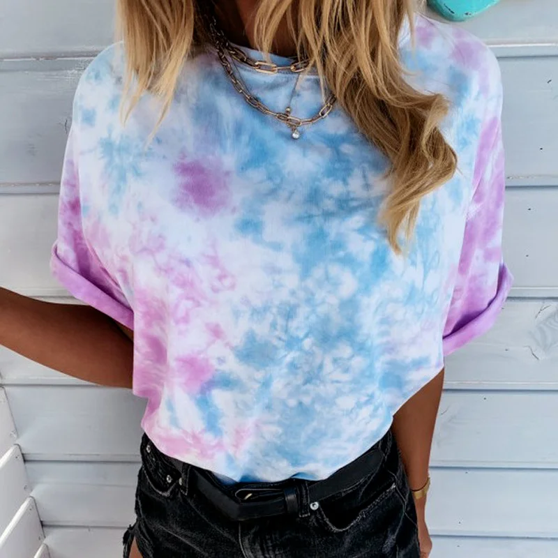 

Tie Dye Purple Print Simple Design Oversized T Shirt Women New O Neck Short Sleeve Casual Office Lady Fashion Tshirt 2021 Summer