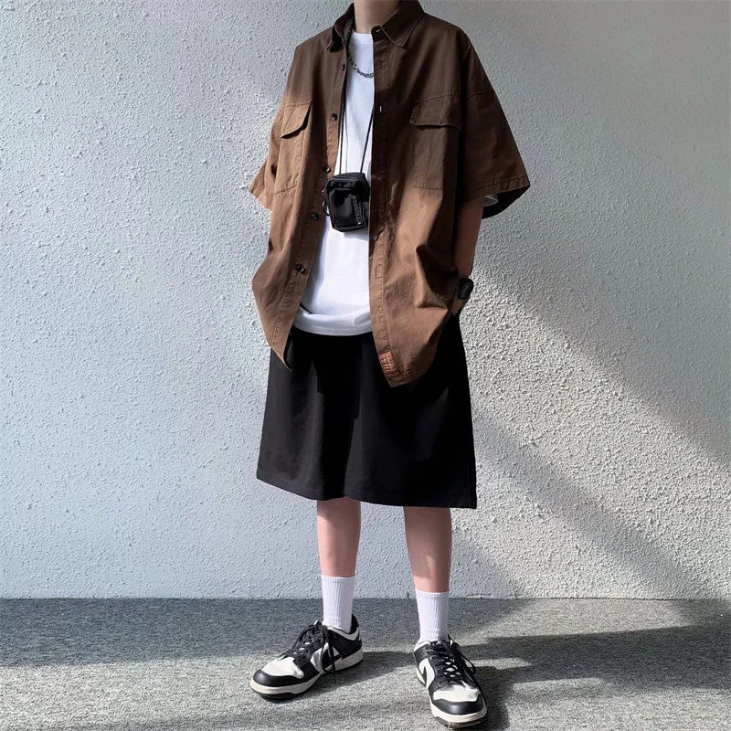 

Рубашка мужская оверсайз с коротким рукавом, модная блуза в ретро стиле, свободная уличная одежда в японском стиле, 3 цвета, на лето