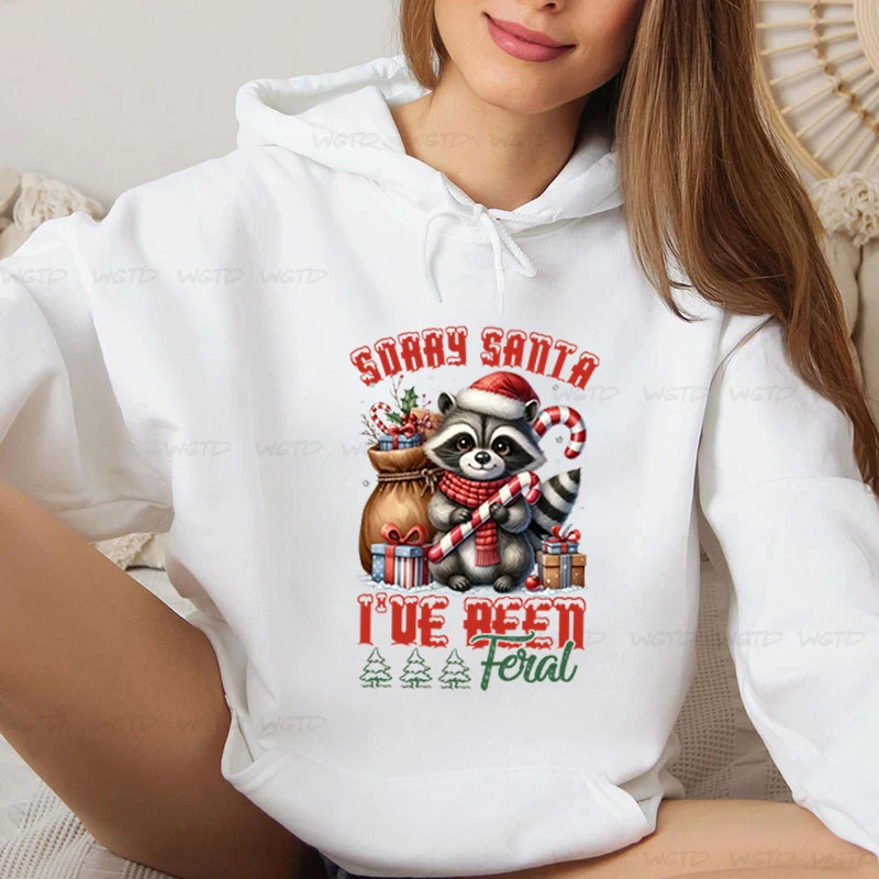 Sorry Santa I've Been Feral Graphic Pullover Hoodie Women Christmas Raccoon Trending Hooded Shirt Retro Holiday Hoodies