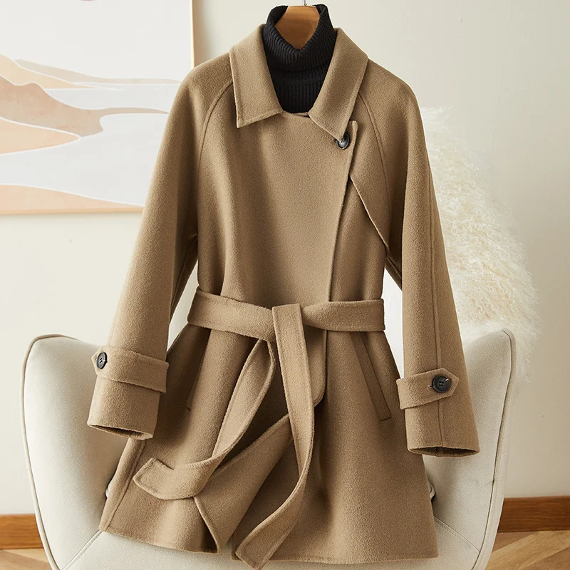 

Женское двустороннее кашемировое пальто, маленькое шерстяное пальто из 2023 чистой шерсти на шнуровке, Осень-зима 100
