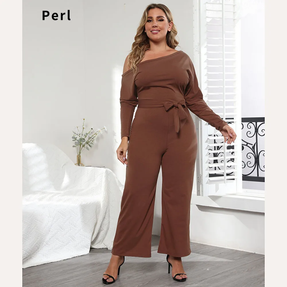 

Perl Plus Size Strap Irregular Slanted Shoulder Long Sleeve Jumpsuit Brown Women's Clothing Curved Rompers Wide Leg Pants Suit