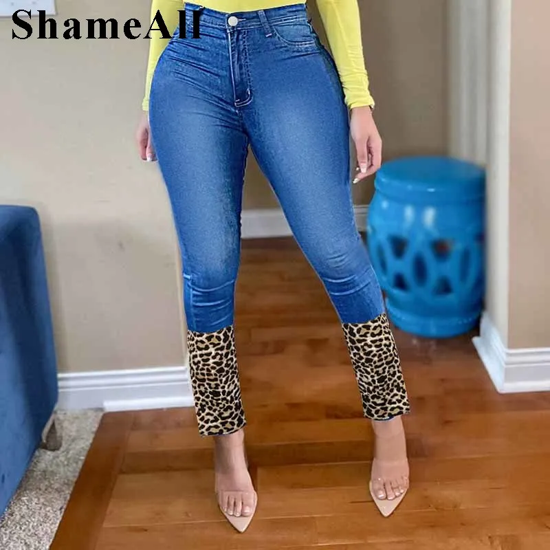 

Plus Size Sexy Brown Leopard Patchwork Stretchy Skinny Ankle Length Mom Jeans 4XL Breeches Denim Jeggings Pant Sexy Club Capris