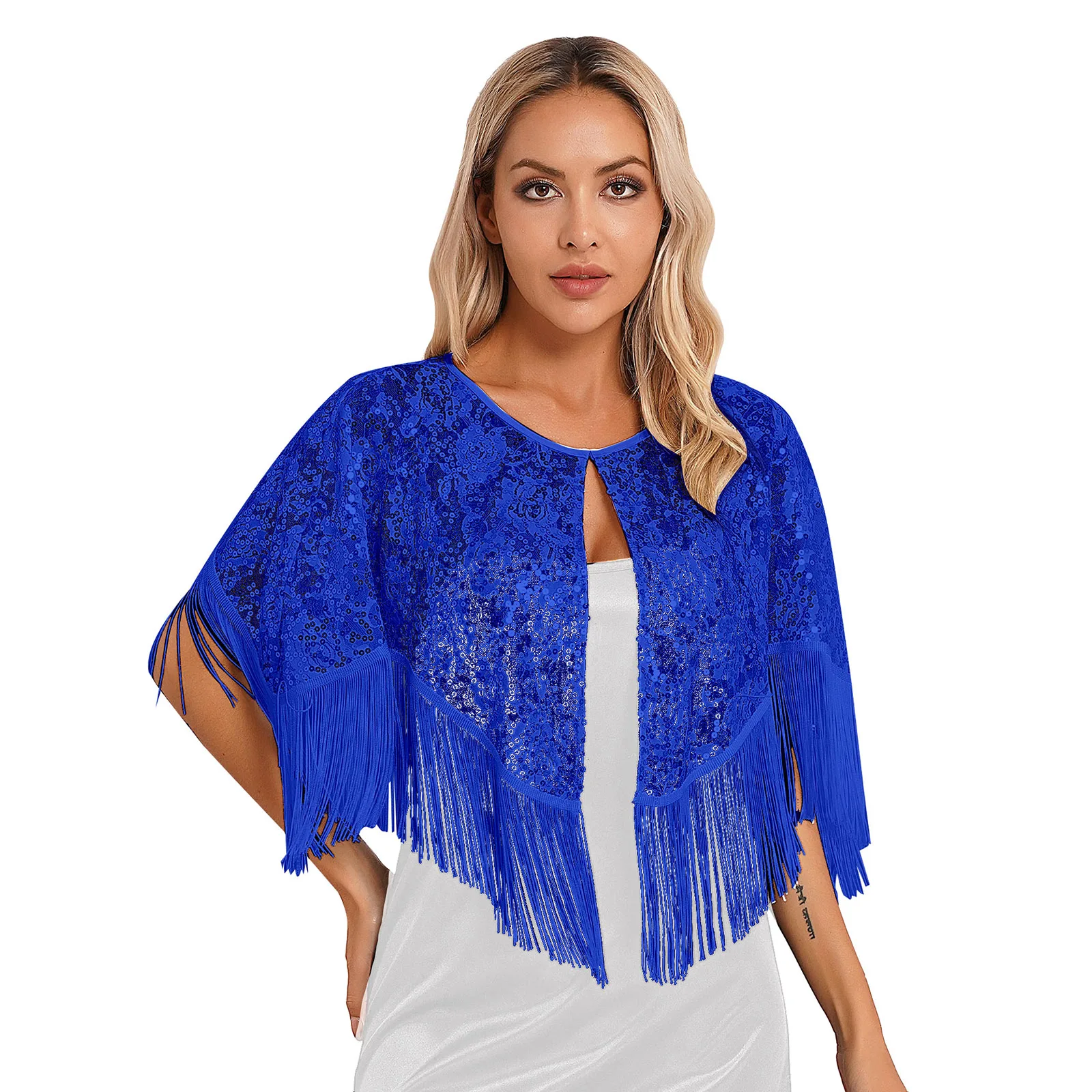 

Elegant Vintage Cardigan Women's Lace Fringed Bolero Shawl Wraps Shiny Sequin Tassel Coat Ladies Wedding Party Clothing Blouse