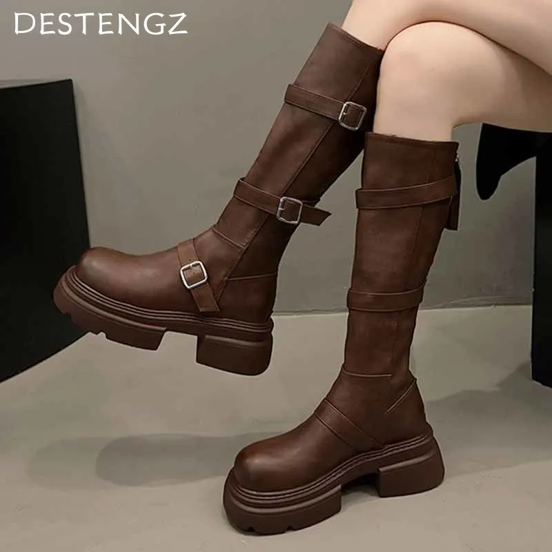 Женские высокие ботинки на платформе модные дизайнерские кожаные среднем