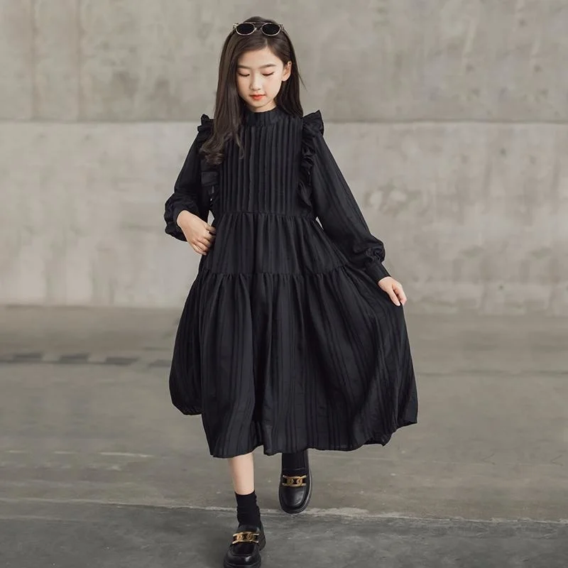 

Весенне-летнее черное платье в стиле "Лолита", Повседневное платье средней длины с длинным рукавом для девочек, детские платья для подростков, стиль принцессы, сарафан