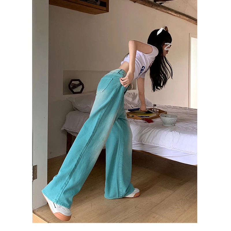 Jeans Women's Pants 2023 New Autumn and Winter Peacock Blue High Street Korean Version Loose fitting High Waist Straight Sleeve