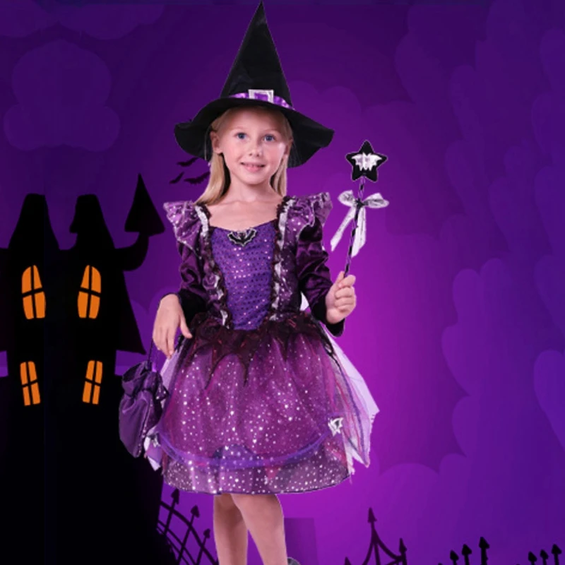 Костюм Хэллоуин для девочек платье ведьмы одежда малышей детский костюм косплея