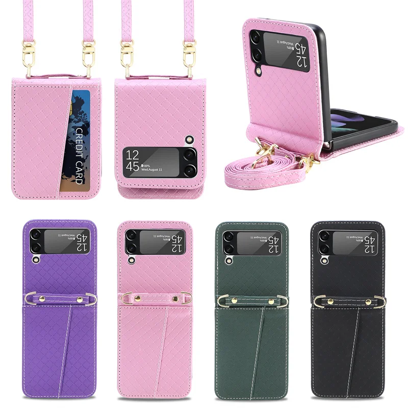 

Suitable For Samsung Galaxy Z FLIP3 5G Explosion Proof Phone Case Siamese with Lanyard Card Small Square Leather Case Case