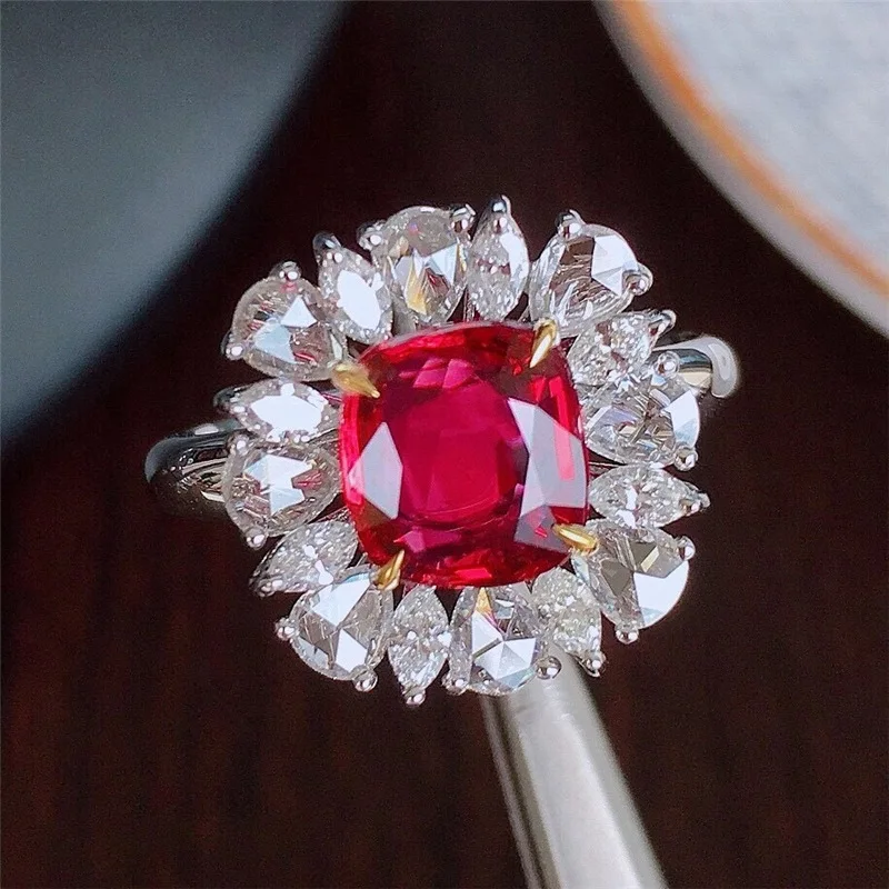 

New Luxury Temperament Simulation Red Tourmaline Princess Square Full Diamond Adjustable Ring For Women Fine Jewelry Hot Selling