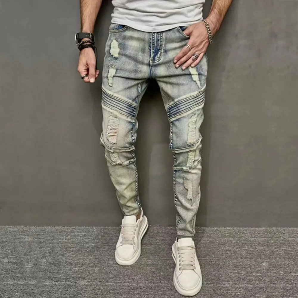 Men Jeans Ripped Pleated Elastic Casual Trousers Hip Hop Pencil Pants High Street Hip Hop Korean Patchwork Vintage  Retro Jeans