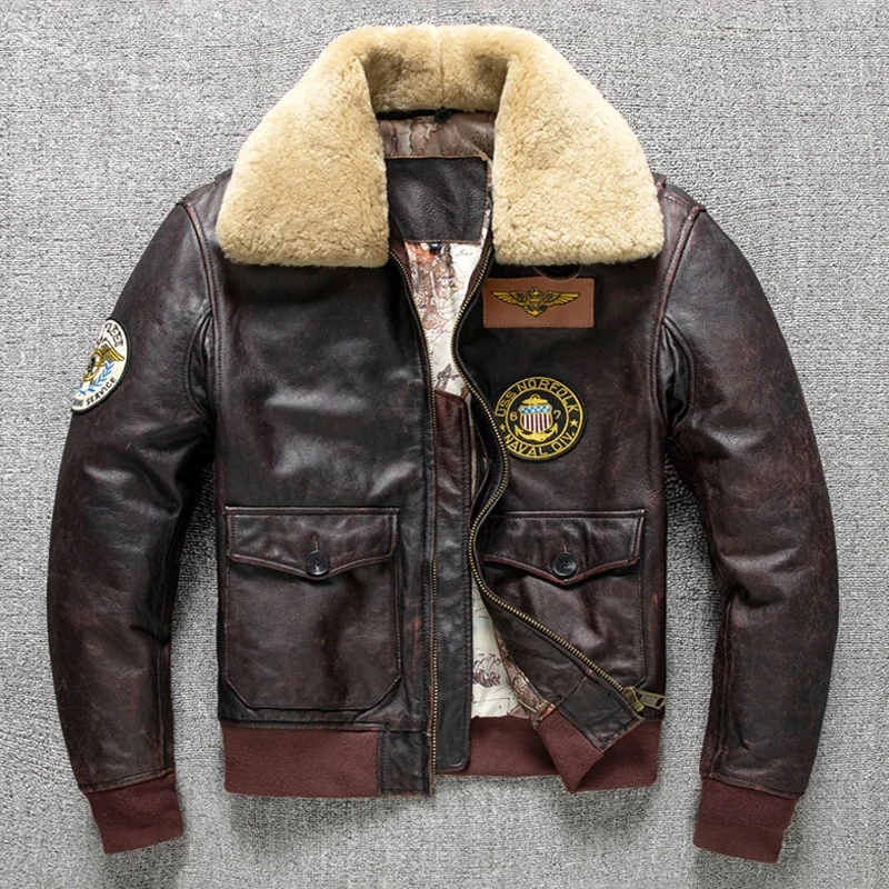 

Air Force Flight Jacket Fur Collar Genuine Top Layer Cow Leather Men Brown Cowhide Men's Winter Military G1 6XL