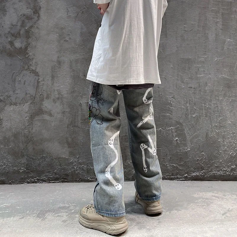 DEEPTOWN Ripped Graffiti Jeans Men Hip-hop Denim Pants Loose Straight Trousers Male All-match Streetwear Casual Fashion Blue