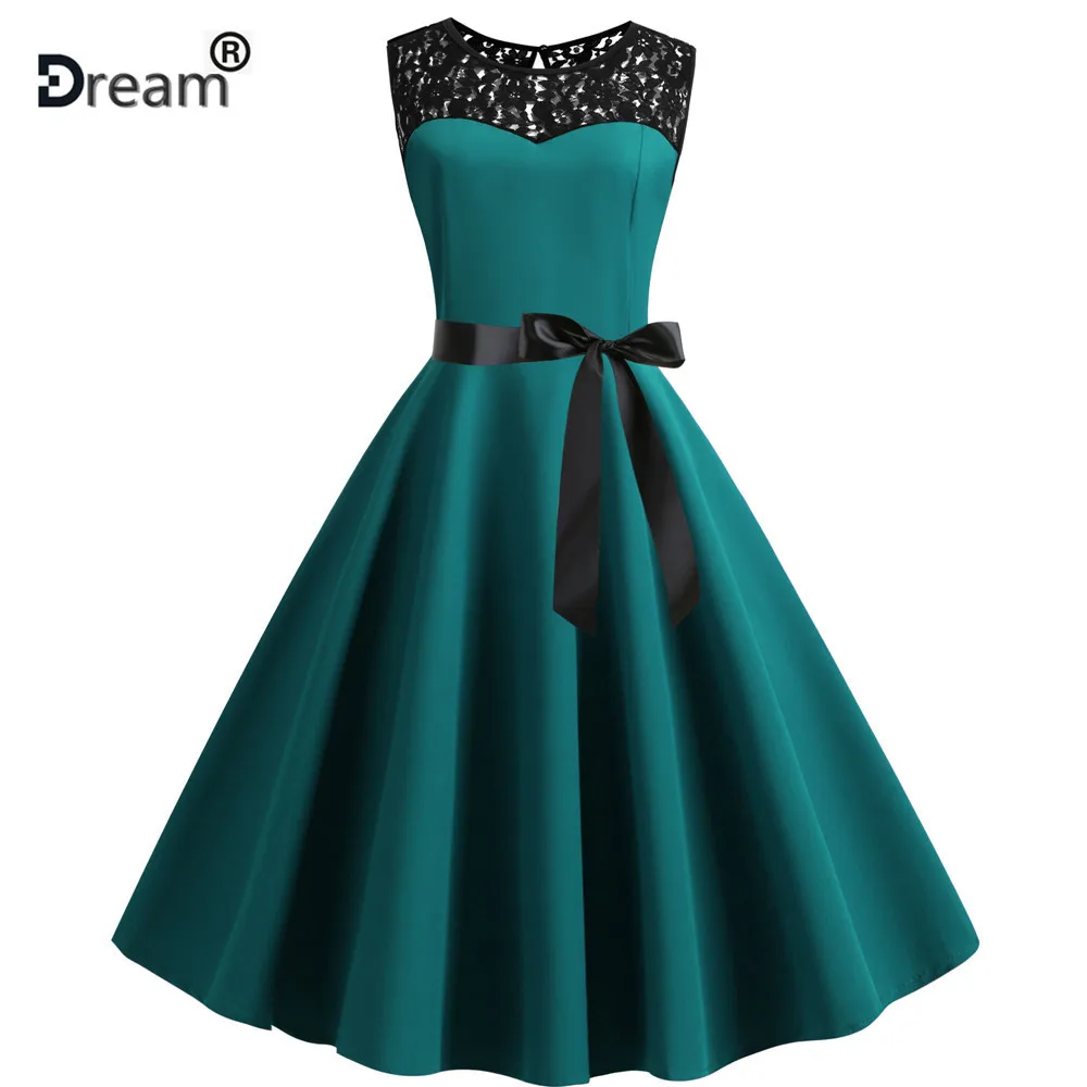 Женское винтажное платье с кружевом красное миди пышной юбкой в стиле рокабилли