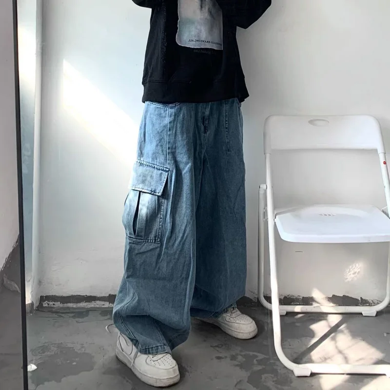 DEEPTOWN Baggy Cargo Jeans Men Loose Oversize Denim Pants Male Black Wide Leg Trousers Retro Casual Japanese Streetwear Hip Hop