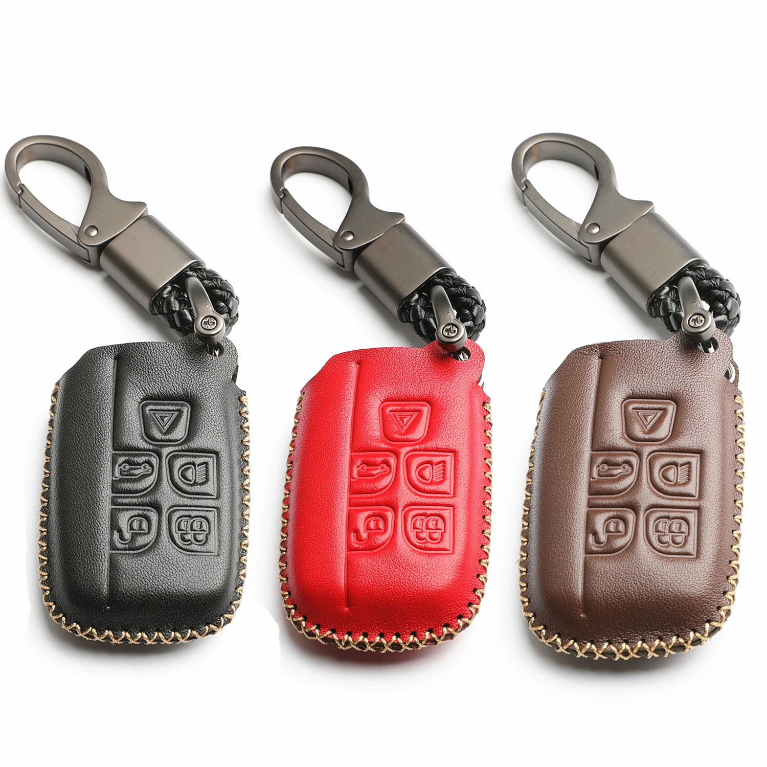 

WFMJ Leather for Land Rover Range Rover Sport LR2 LR4 Evoque Jaguar XF XJ XJL XE Smart 5 Buttons Key Fob Case Cover Chain