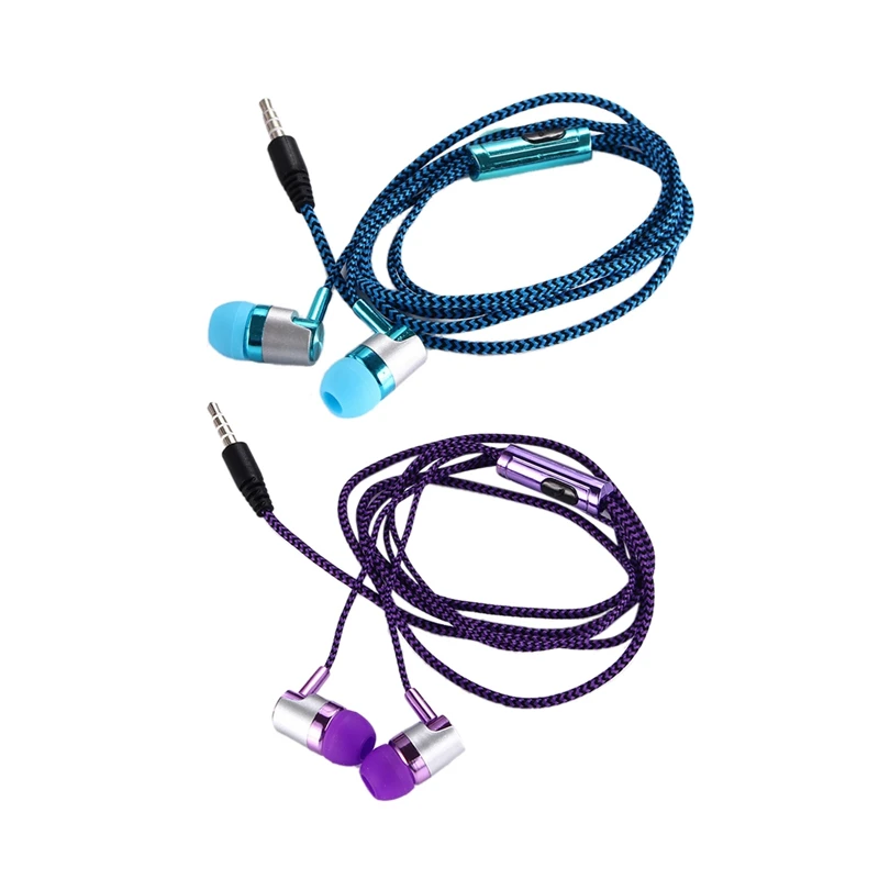 

2 шт., 3,5 мм, MP3 MP4 проводка, сабвуфер, плетеный шнур, универсальные музыкальные наушники (синие и фиолетовые)